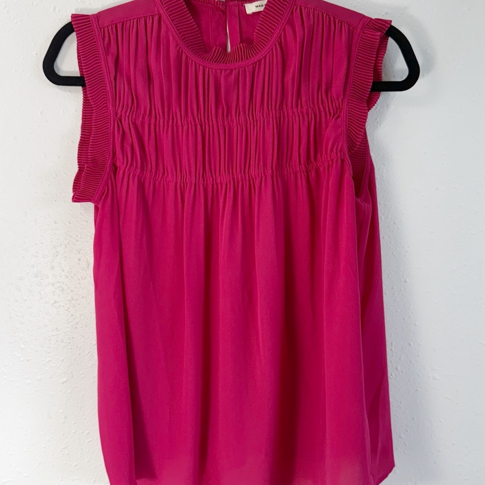 Max Studio Pink Smocked Blouse with Mandarin Collar